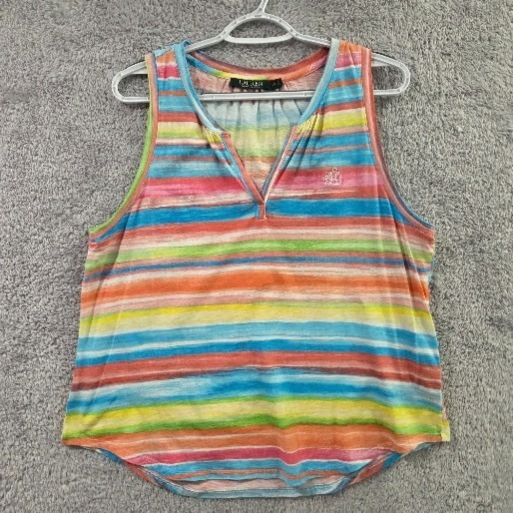 Lauren Ralph Lauren Rainbow Stripe V-Neck Tank Top XL Cotton Sleeveless Summer